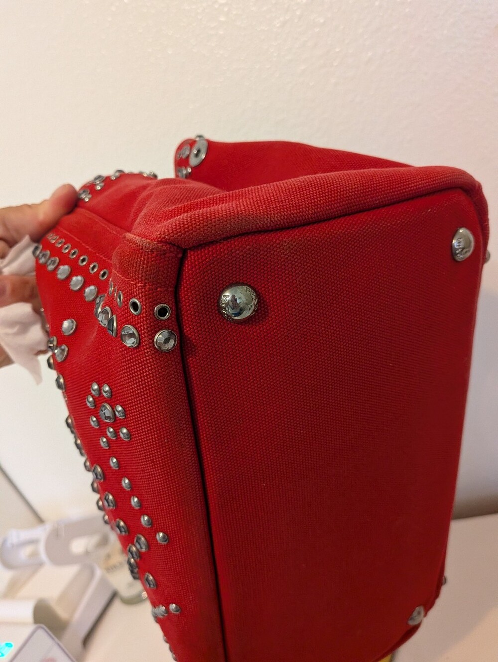 Prada Canapa Red Studded Rhinestone Small Satchel - Picture 5 of 13